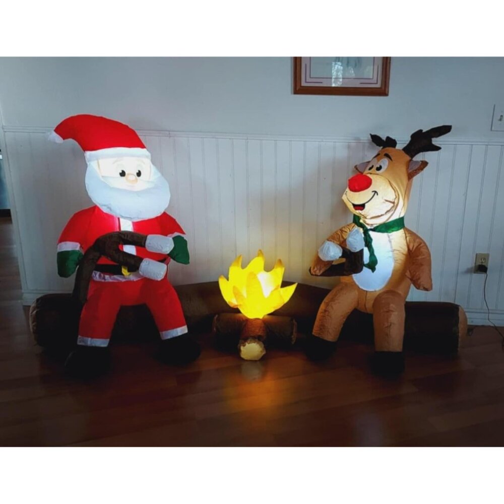 🆕7FT Christmas Inflatable Santa And Reindeer Roasting Marshmal Outdoor Decor